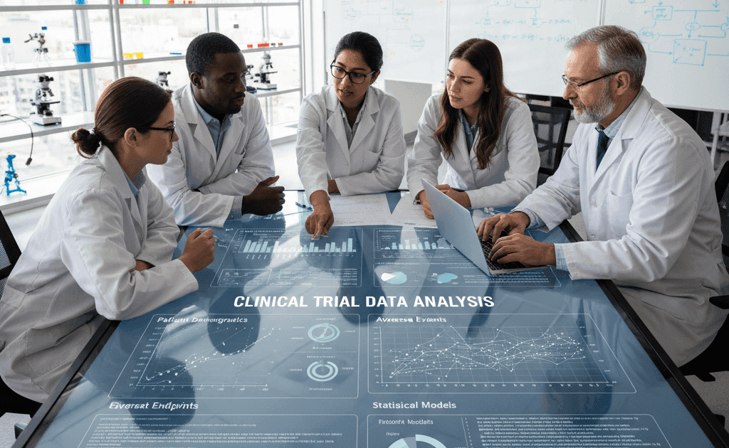 Researchers analyzing clinical trial data on digital dashboards to interpret patient outcomes and improve trial accuracy.