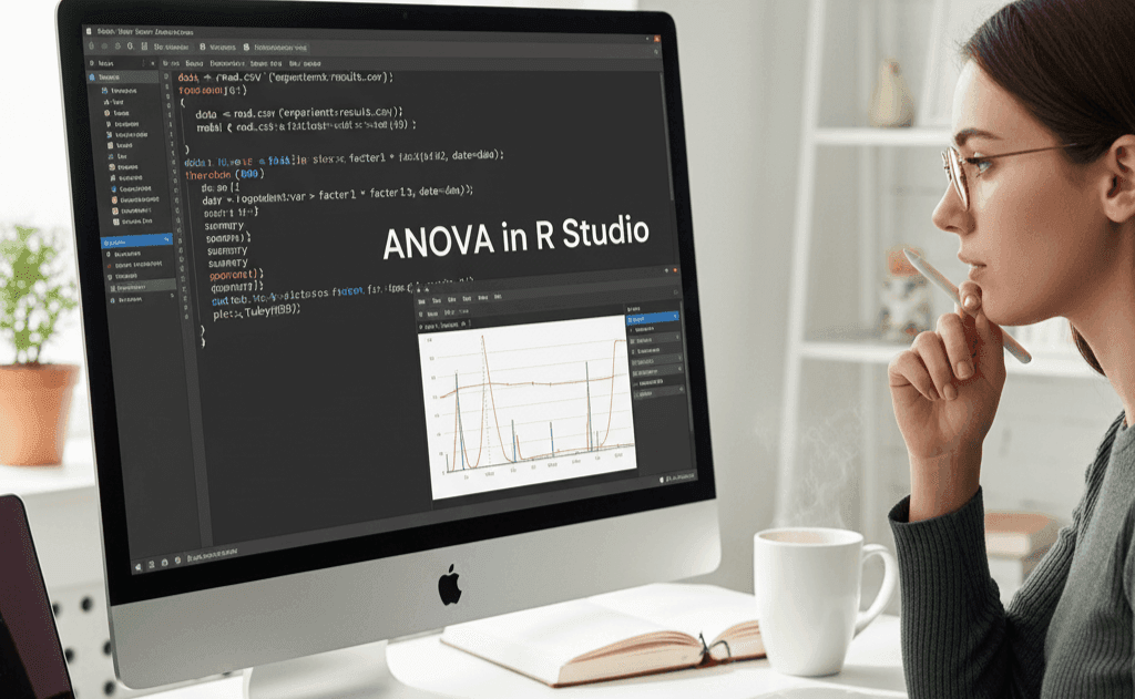 A focused user performing ANOVA in R Studio on a large monitor, with code and statistical outputs visible, representing expert data analysis solutions.