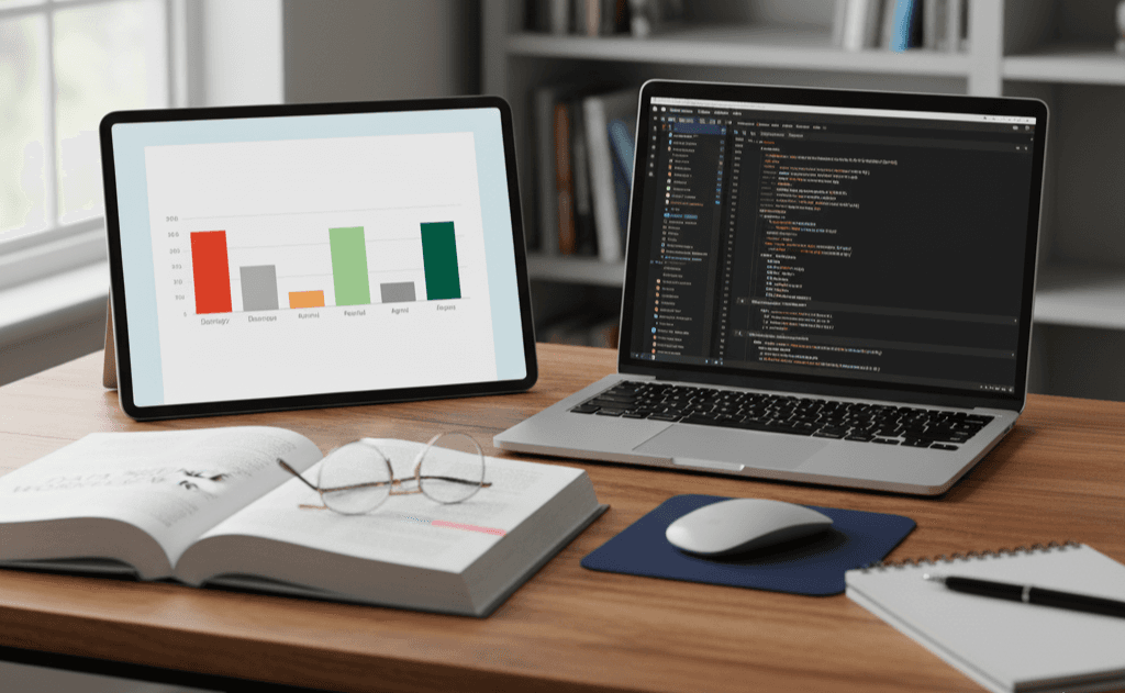 A desk with a tablet displaying a bar chart representing Likert scale data, a laptop with R code, an open book, glasses, a notepad, and a coffee cup, illustrating How to Analyze Likert Scale Data in R.