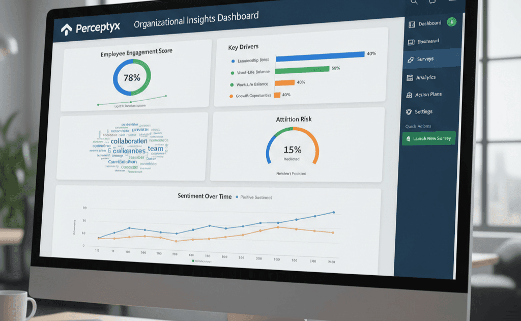 A computer monitor displays a dashboard interface for "Perceptyx Organizational Insights Dashboard" showing data derived from a Perceptyx Survey, including employee engagement scores, key drivers, attrition risk, sentiment over time, and a navigation panel.