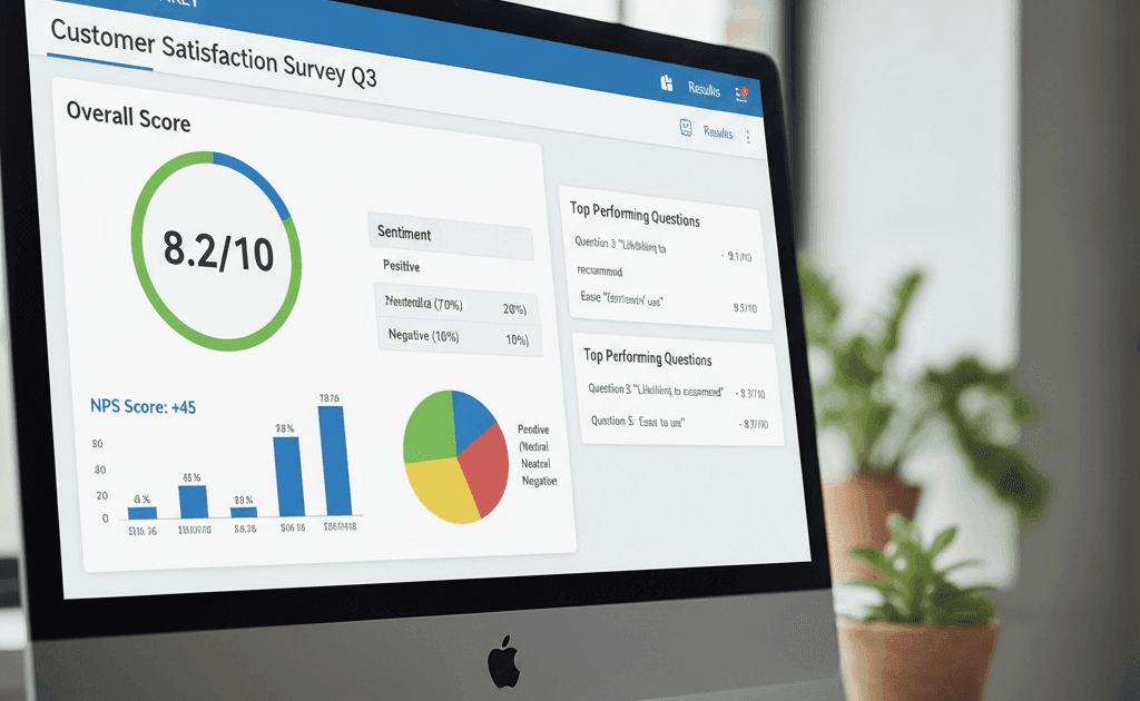 A close-up of a desktop computer displaying a SurveyMonkey scoring dashboard with a customer satisfaction survey's scoring, showing an overall score, sentiment analysis, NPS score, and top-performing questions.