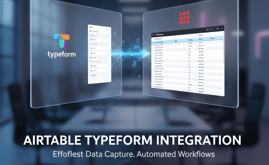 A digital graphic set against a blurred conference room background, showing a glowing blue data flow connecting the Typeform interface on the left to the Airtable spreadsheet interface on the right. The text at the bottom reads: "AIRTABLE TYPEFORM INTEGRATION. Effortless Data Capture. Automated Workflows."