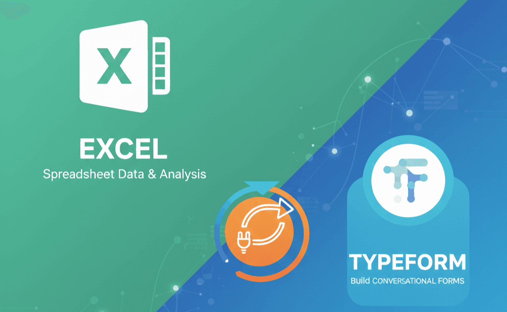A marketing graphic split diagonally between green and blue, showing the Microsoft Excel icon on the left (labeled "Spreadsheet Data & Analysis") and the Typeform icon on the right (labeled "Build Conversational Forms"). A central circular arrow with a power plug connects the two, symbolizing integration.