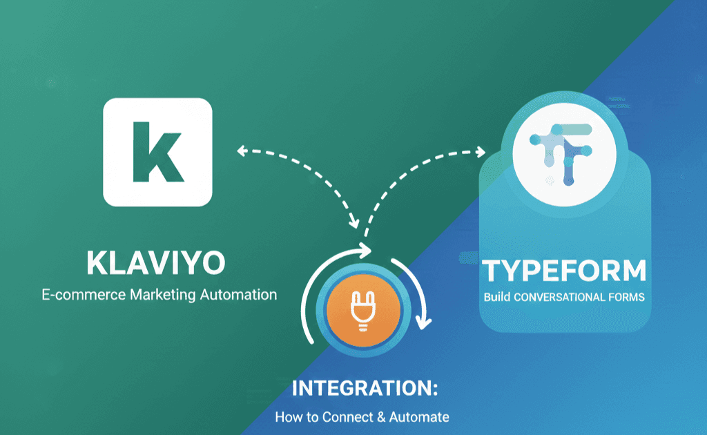 Illustration showing Klaviyo and Typeform connected through an automation workflow, representing Klaviyo Typeform integration for syncing form data into email marketing flows.