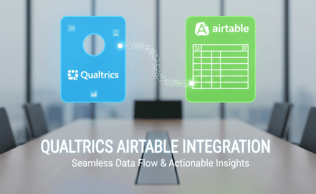 A digital graphic illustrating the seamless data flow between the blue Qualtrics platform icon and the green Airtable spreadsheet icon, with a dotted line connecting them. The text below reads: "QUALTRICS AIRTABLE INTEGRATION. Seamless Data Flow & Actionable Insights." The image is set against a blurred background of a modern conference room table.