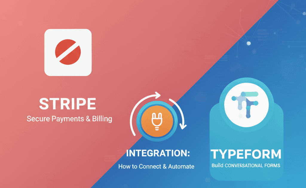 Visual illustration of Stripe Typeform integration showing Stripe and Typeform logos connected by automation workflow arrows for secure payments through Typeform.