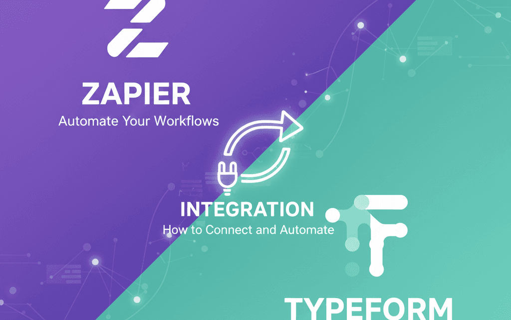 A graphic split diagonally between a purple section and a teal green section. The top purple side features the Zapier logo and name, while the bottom teal side features the Typeform logo and name. A prominent white looping arrow with a power plug icon connects the two sides, signifying an "INTEGRATION" that is "How to Connect and Automate."