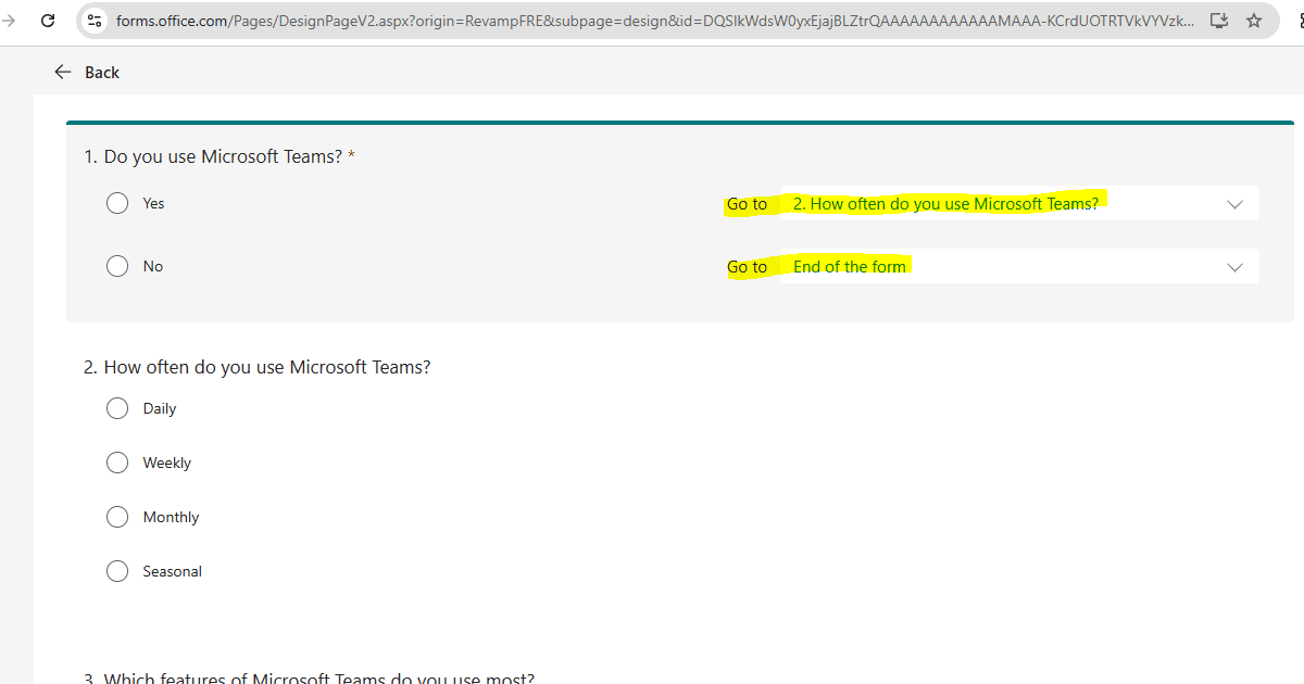 Conditional Logic in Microsoft Forms: Complete Guide Conditional logic example in Microsoft Forms showing a branching question about Microsoft Teams usage.