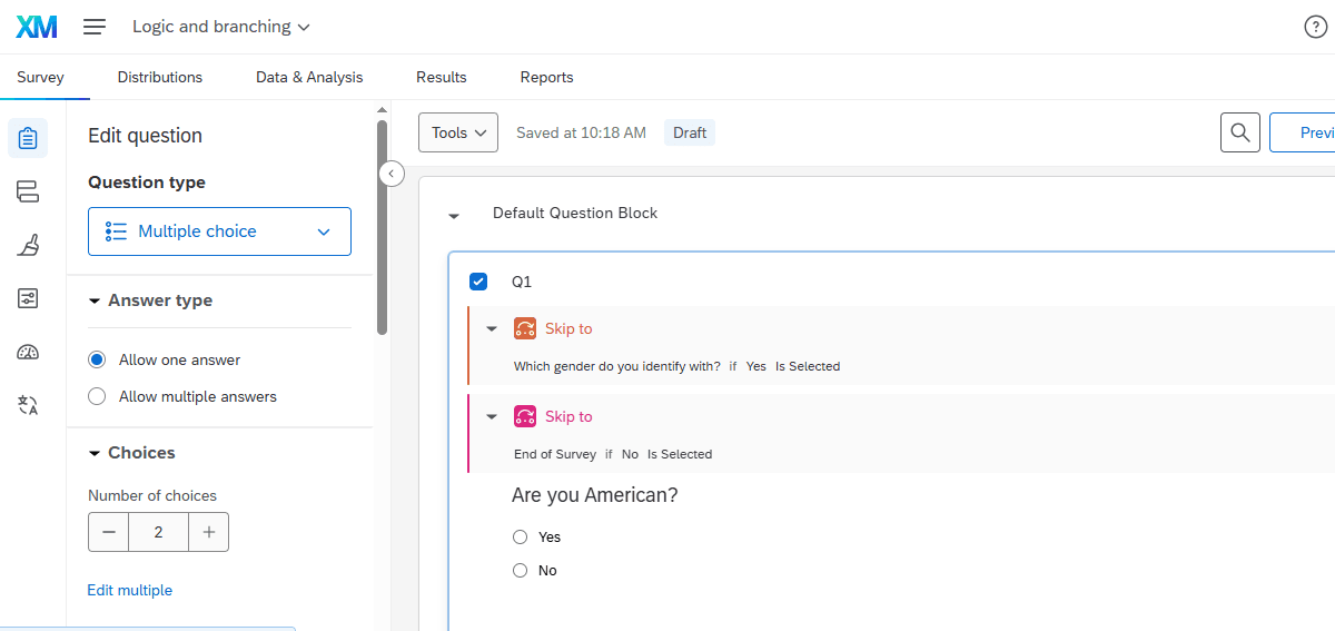 Branch Logic Qualtrics: A Guide to Advanced Logic and Branching Branch logic Qualtrics example where respondents answering Yes to ‘Are you American?’ move to the next question, while No ends the survey.