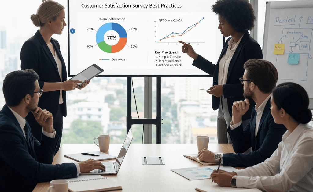 Customer Satisfaction Survey Best Practices in 2025 A business team discusses Customer Satisfaction Survey Best Practices in a modern meeting room, analyzing data visuals and key strategies on a large screen.