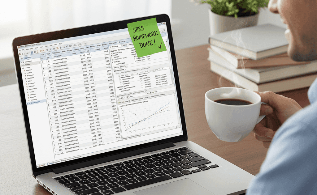 Do My SPSS Homework: Fast, Friendly Help for Students A satisfied student observes a laptop with a "SPSS Homework DONE!" sticky note, illustrating the success of a "Do My SPSS Homework" service.