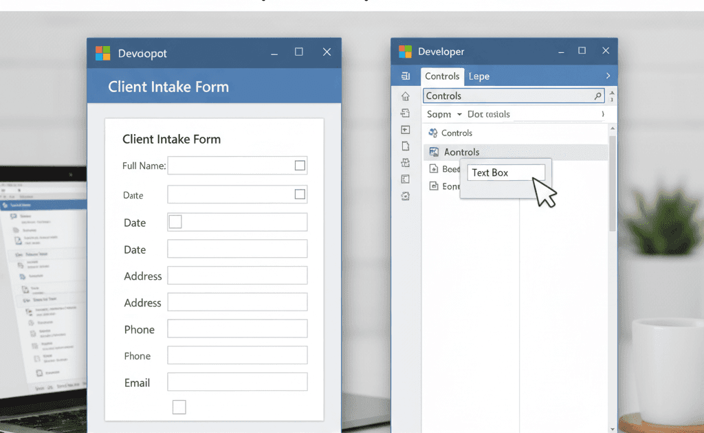 How to Make a Fillable PDF in Word for Data Collection in 2025 How to Make a Fillable PDF in Word: A screenshot showing a client intake form in Microsoft Word on the left, and the Developer tab's 'Controls' panel on the right, illustrating the process of adding interactive form fields.