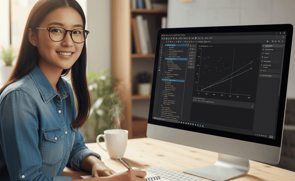 How to Run a Regression in R: A step by step guide for 2025 A student confidently learning how to run a regression in R, with the R Studio interface and a regression plot visible on the monitor.