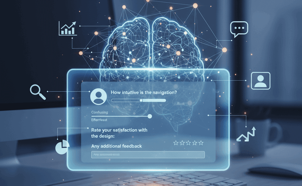 Best Software User Experience Survey Questions to Ask in 2025 A digital interface displaying software user experience survey questions on navigation and design satisfaction, symbolizing UX feedback and analysis.