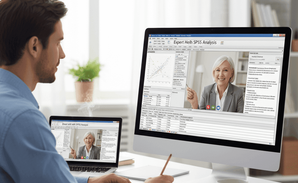 Get Expert Help with SPSS Analysis for Perfect Results A student receives online Help with SPSS Analysis from an experienced tutor, who is explaining data charts on a shared screen.