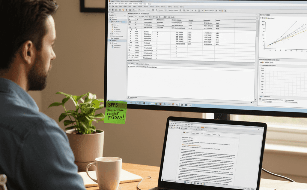 SPSS Dissertation Help for Accurate and Reliable Results A focused freelancer meticulously working on SPSS Dissertation Help, analyzing data and drafting content for a complex academic project.