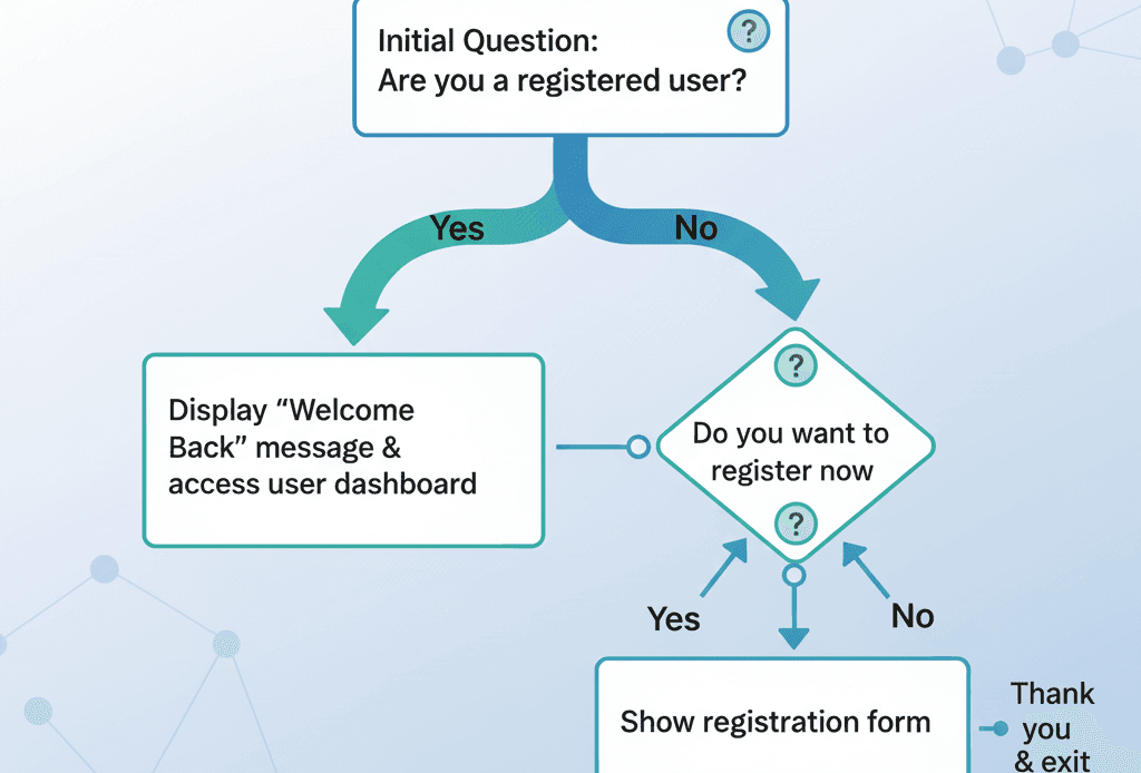 Understanding SurveyMonkey Logic Branching for Smart Surveys A flowchart demonstrating a "Logic Branching Flow" starting with an initial question: "Are you a registered user?" and showing different paths for "Yes" and "No" answers.