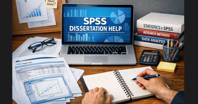 Expert SPSS dissertation help with advanced data analysis, output interpretation, and results reporting displayed on a professional research workspace.