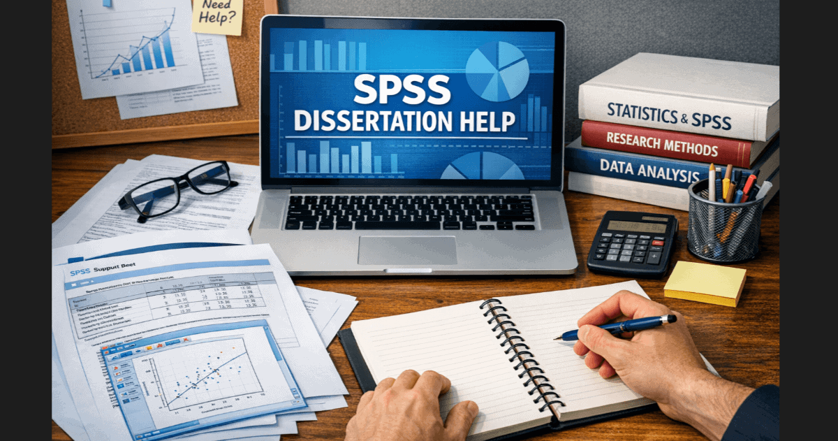 Expert SPSS dissertation help with advanced data analysis, output interpretation, and results reporting displayed on a professional research workspace.