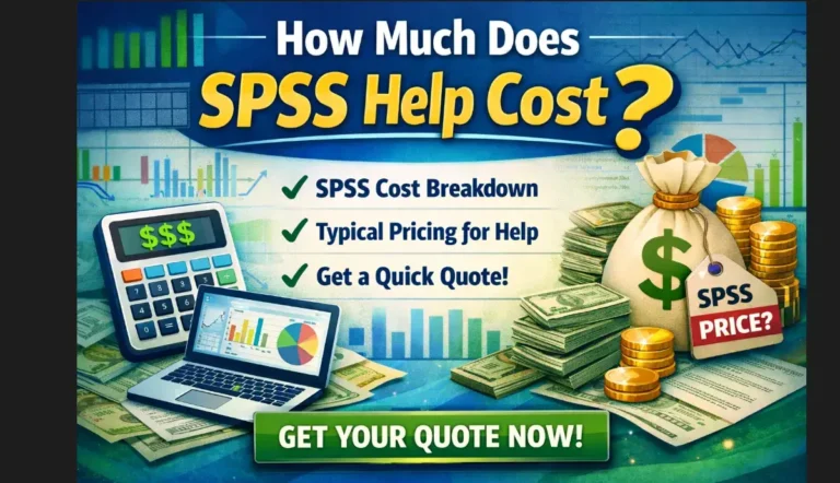 SPSS help cost guide graphic showing pricing breakdown, student assignment support, and fast quote offer for SPSS analysis services