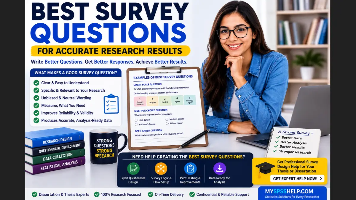 Professional infographic about the best survey questions for dissertation research, featuring questionnaire examples, Likert scale design, and expert survey setup support for students conducting academic research.