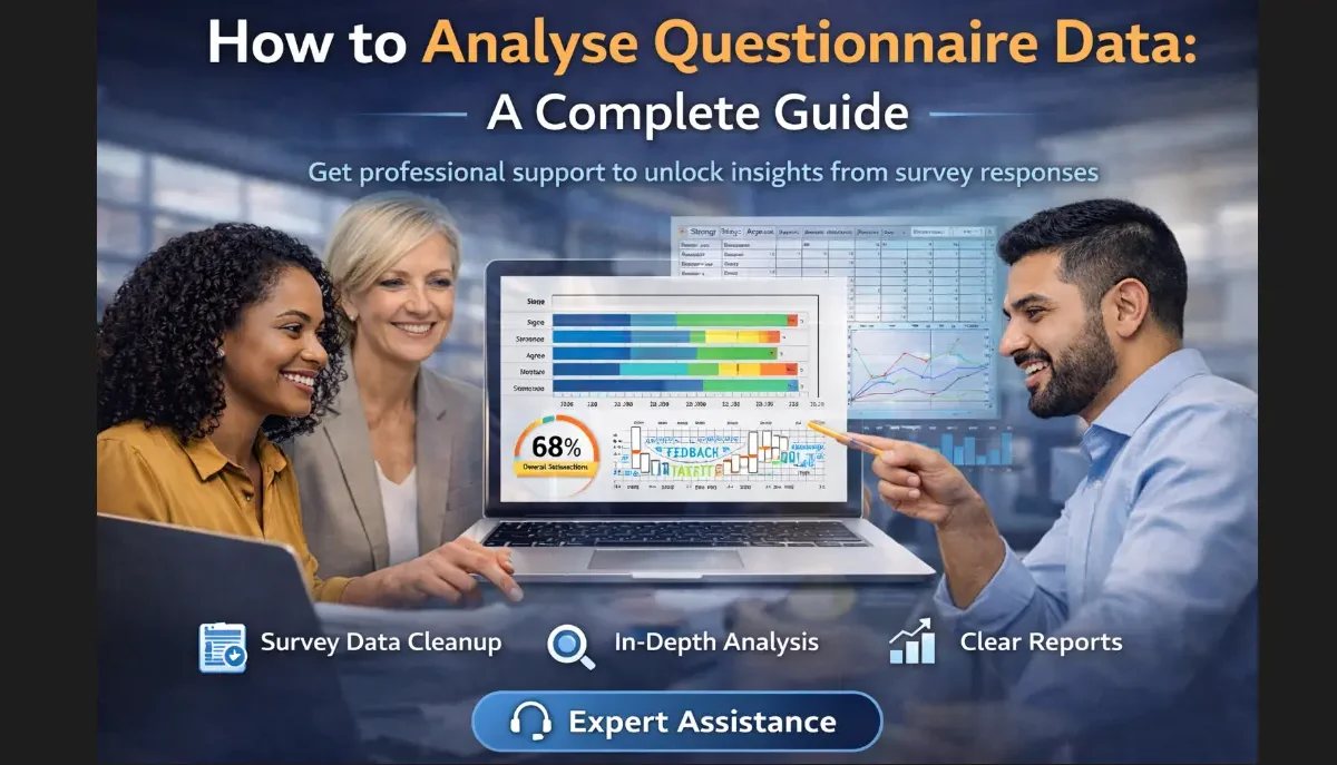 How to Analyse Questionnaire Data guide with experts reviewing survey results, charts, and reports, offering professional questionnaire data analysis support.