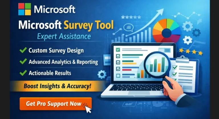 Microsoft survey tool expert support interface showing custom survey design, advanced analytics reporting, and professional data insights services