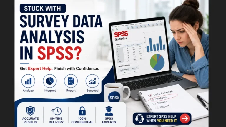Student struggling with survey data analysis in SPSS while reviewing statistical charts and research results on a laptop.