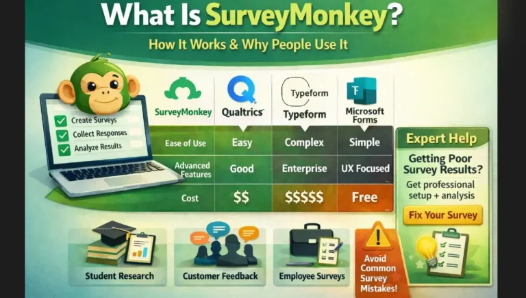 What is SurveyMonkey infographic showing how it works, key features, comparison with other tools, and expert help for better survey results