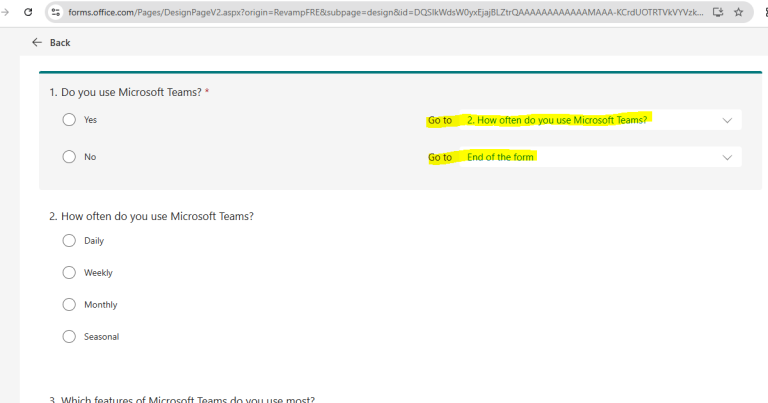 Conditional logic example in Microsoft Forms showing a branching question about Microsoft Teams usage.