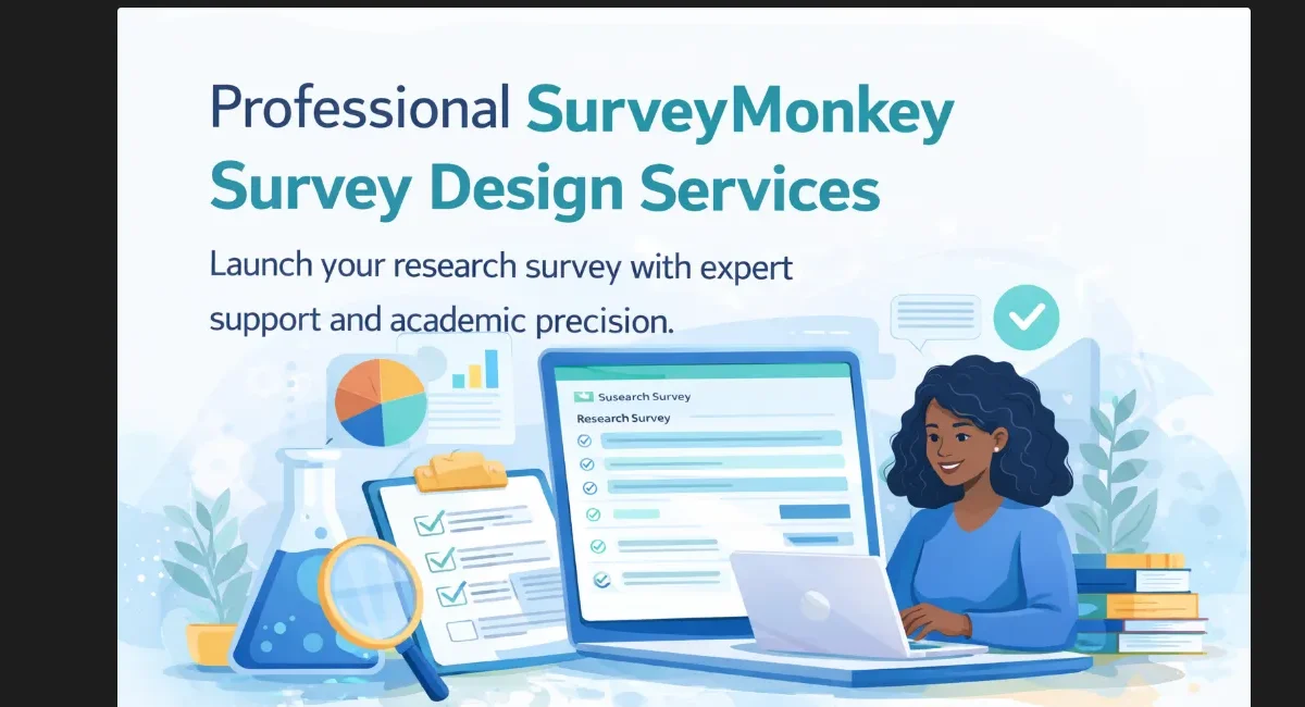 Expert SurveyMonkey survey design service with researcher building a structured questionnaire on a laptop