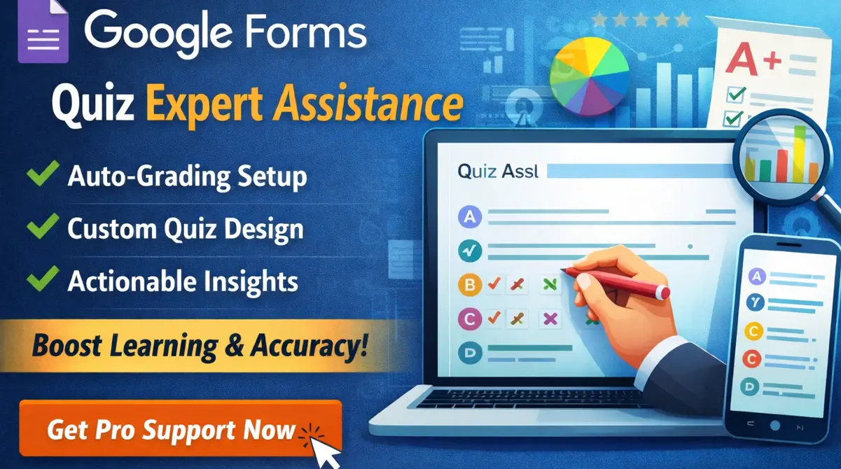 Google Forms quiz expert support graphic showing auto-grading setup, custom quiz design, analytics visuals, and myspsshelp.com service branding