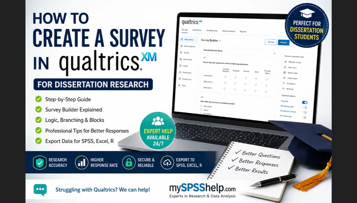 Student-friendly Qualtrics survey setup guide showing the Qualtrics survey builder on a laptop alongside dissertation research materials, highlighting expert help for creating professional academic surveys and exporting data to SPSS, Excel, and R.