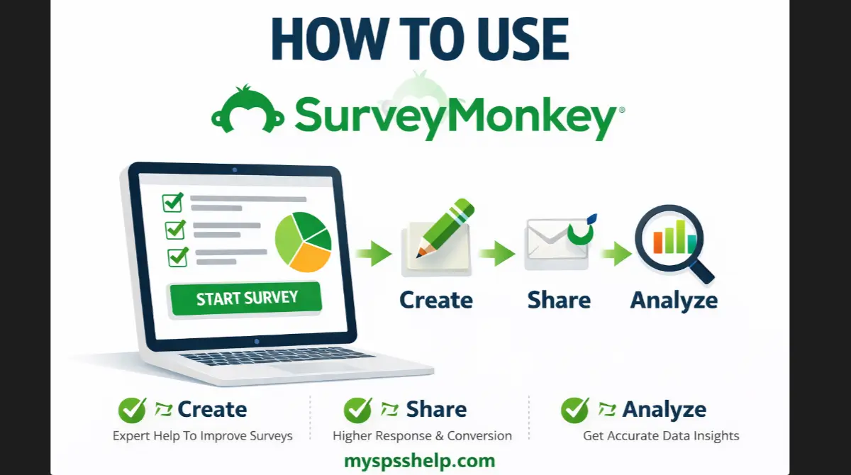 How to Use SurveyMonkey step-by-step graphic showing create, share, and analyze workflow with expert survey setup and data analysis support from myspsshelp.com