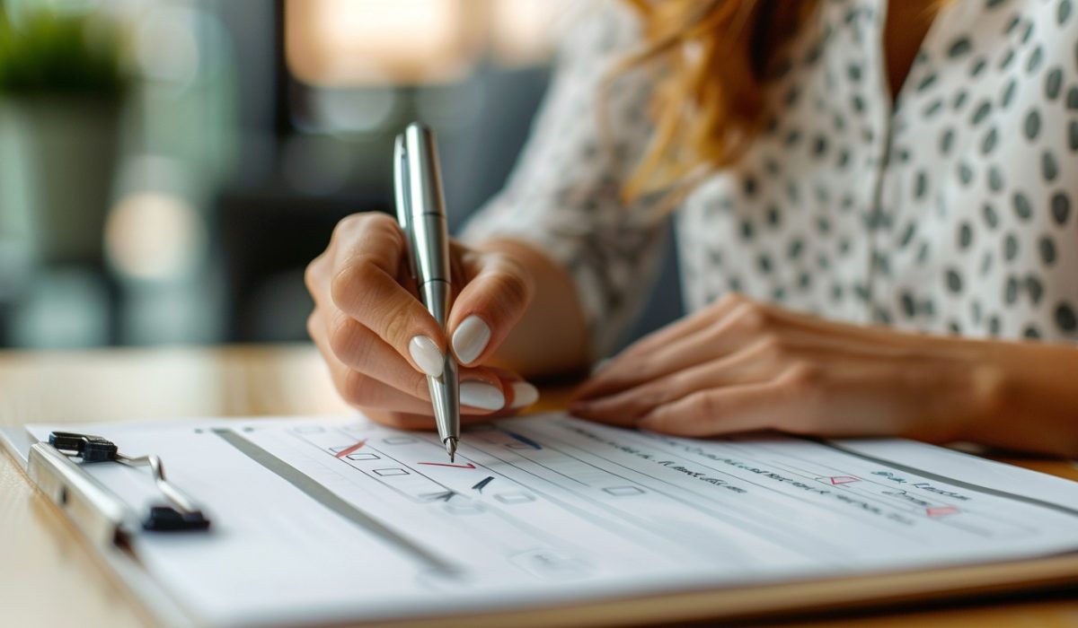 A student or professional is taking notes, using a pen and a clipboard with a statistical analysis paper, potentially for online SPSS help.