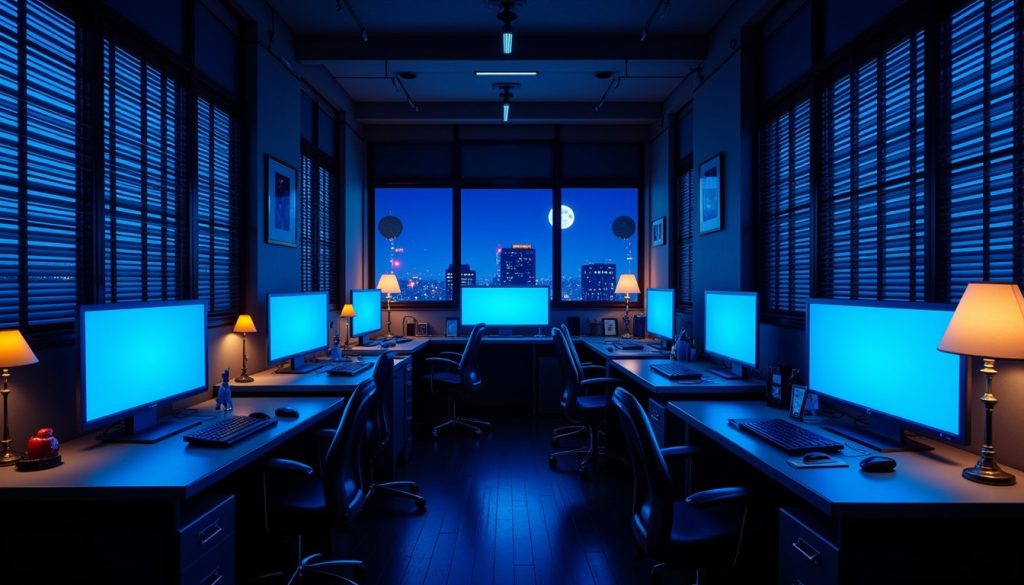 A professional working in a dimly lit office with multiple monitors displaying code and complex data, representing advanced form building and conditional logic in Jotform.