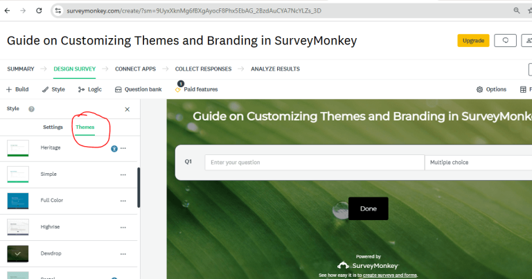 SurveyMonkey design interface with the Theme section circled in red to highlight where users can select and customize survey themes.