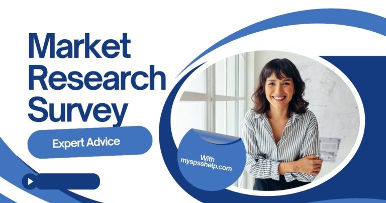 Smiling professional woman with text overlay "Market Research Survey Questionnaire Expert Advice" promoting survey design services by myspsshelp.com.