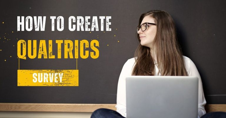 A woman with glasses sitting with a laptop in her lap, looking to the side. The text "HOW TO CREATE QUALTRICS SURVEY" is prominently displayed on a chalkboard behind her