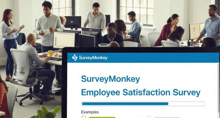 Employees working in a modern office while a computer screen displays a SurveyMonkey Employee Satisfaction Survey example.