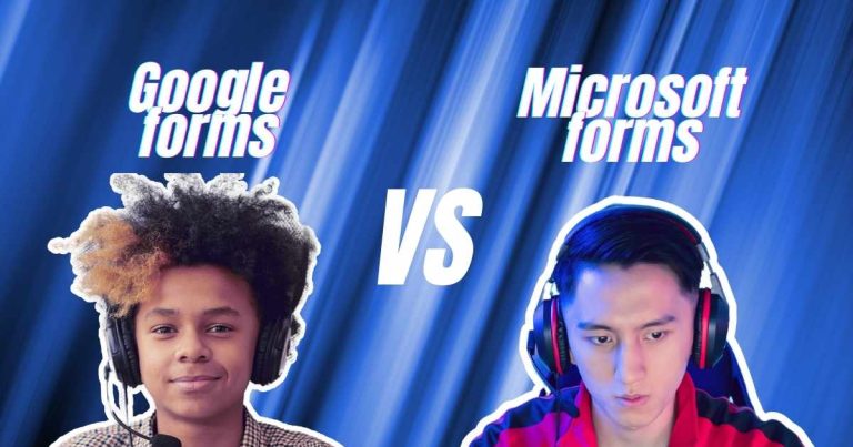 Google Forms vs Microsoft Forms comparison – two individuals representing the features and differences of each survey tool.