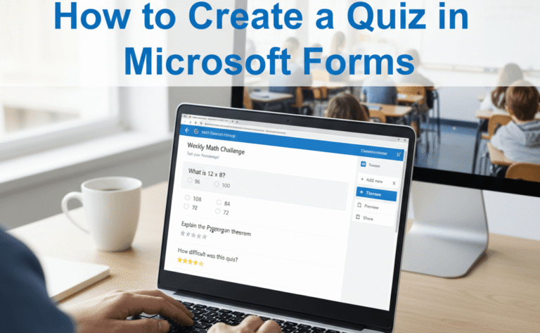 Professional survey designer creating a quiz in Microsoft Forms on a laptop, with classroom in the background; How to Create a Quiz in Microsoft Forms.