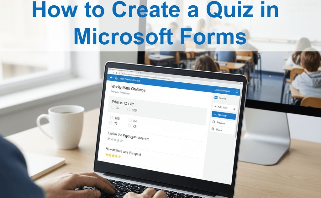Professional survey designer creating a quiz in Microsoft Forms on a laptop, with classroom in the background; How to Create a Quiz in Microsoft Forms.