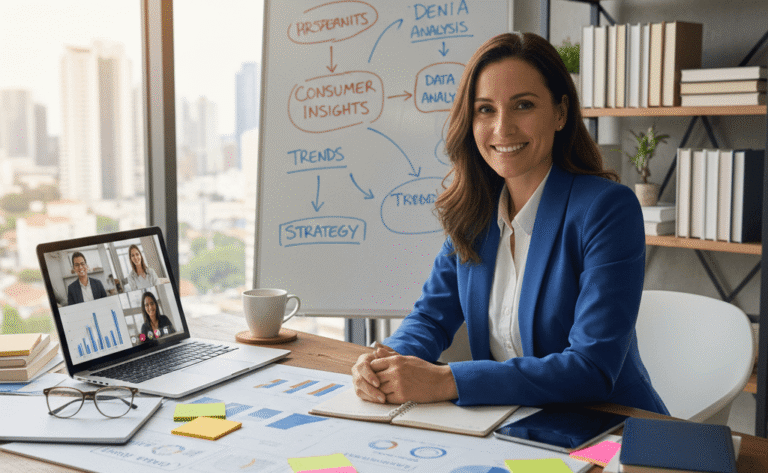Independent market research consultant analyzing survey data with charts and strategy board in office.