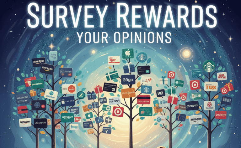 Illustration of survey gift cards as rewards, showing Amazon, Starbucks, Walmart, and other brands growing on trees, symbolizing incentives for surveys.