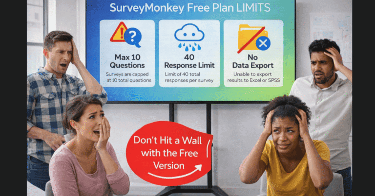Free SurveyMonkey features and free plan limitations showing question limits, response caps, and no data export