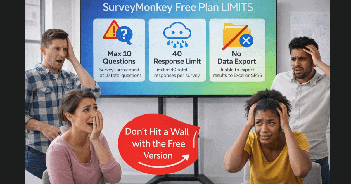 Free SurveyMonkey features and free plan limitations showing question limits, response caps, and no data export