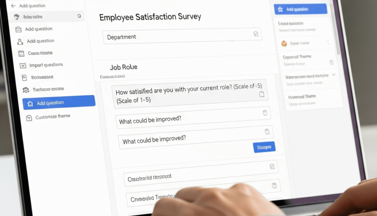 A person creating an employee satisfaction survey in Google Forms, showing questions on job role and satisfaction levels.