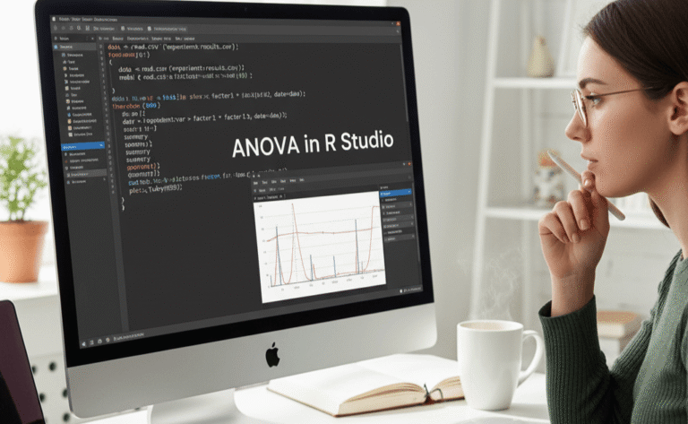 A focused user performing ANOVA in R Studio on a large monitor, with code and statistical outputs visible, representing expert data analysis solutions.