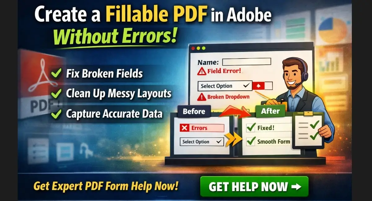 how to create a fillable PDF in Adobe without errors showing fixed form fields, clean layout and expert PDF form design help